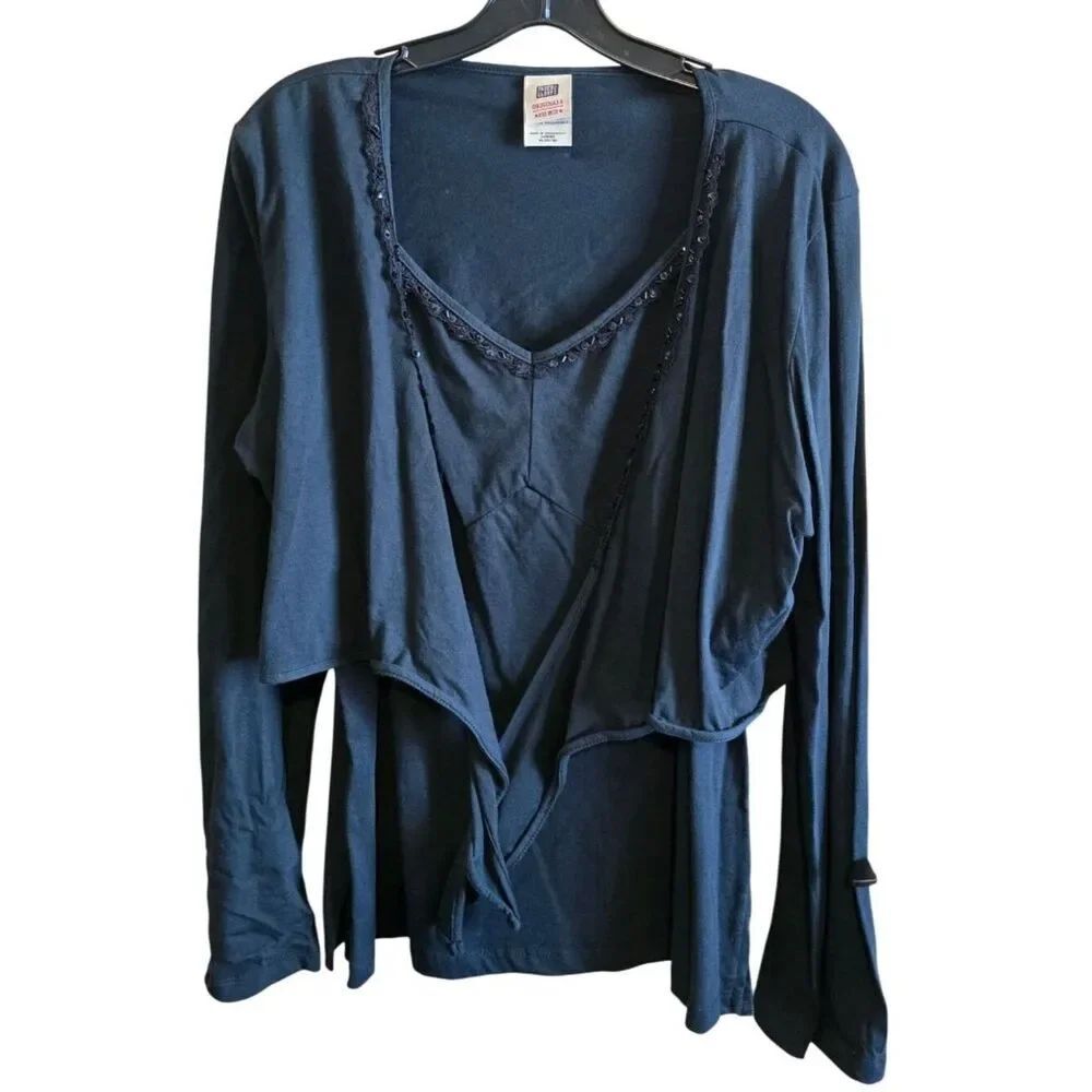 Vintage Faded Glory Navy Knit Draped Wrap cropped Cardigan & tank / cami